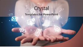  Presentation with application - Amazing slides having mail mark - hand holding application icons backdrop and a coral colored foreground