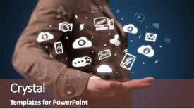  Presentation with application - Presentation design with mail mark - hand holding application icons background and a tawny brown colored foreground