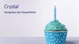  Presentation with birthday cake cupcake - Beautiful PPT theme featuring blue candle - delicious birthday cupcake on table backdrop and a sky blue colored foreground