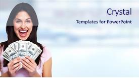  Presentation with cash - Slide deck having blue cash - woman holding money background and a sky blue colored foreground