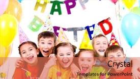 Presentation with kids birthday - Theme enhanced with blue celebration - group of laughing kids having background and a coral colored foreground