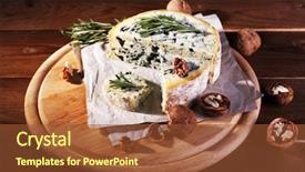  Presentation with blue cheese - Slides having blue cheese with sprigs of rosemary and nuts on board with sheet of paper and wooden table background background and a tawny brown colored foreground