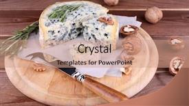  Presentation with blue cheese - Theme enhanced with blue cheese with sprigs of rosemary and nuts on board with knife and wooden table background background and a coral colored foreground