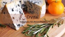  Presentation with blue cheese - Beautiful PPT theme featuring blue cheese with sprigs of rosemary and oranges on board and wooden table background backdrop and a coral colored foreground