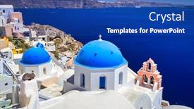  Presentation with beautiful houses - Amazing slide deck having blue-church-domes-and-white backdrop and a ocean colored foreground