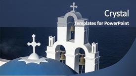  Presentation with church blue - Presentation theme enhanced with blue church firostefani santorini greece background and a ocean colored foreground