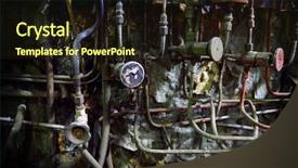  Presentation with industrial rusty tubes - Presentation theme having blue circular water design - ominous industrial composition from gates background and a wine colored foreground