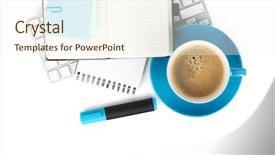 Presentation with blur office of - Amazing PPT theme having blue coffee cup and office backdrop and a  colored foreground
