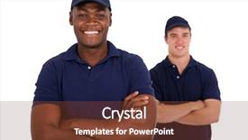  Presentation with colleague farewell goodbye - Colorful slide set enhanced with blue collar - cheerful african worker and colleague backdrop and a tawny brown colored foreground