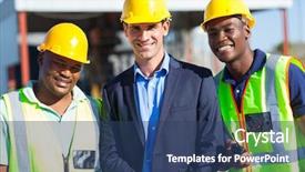  Presentation with angry construction workers - Audience pleasing presentation design consisting of blue collar white collar - cheerful construction businessman and workers backdrop and a ocean colored foreground