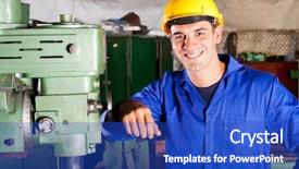  Presentation with industrial textile industry yarn spools - Beautiful slides featuring blue collar white collar - happy industrial artisan portrait backdrop and a cobalt blue colored foreground