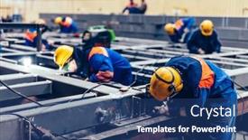  Presentation with factory workers - Slide set consisting of blue-collar-workers-at-work background and a ocean colored foreground