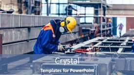  Presentation with factory workers - Audience pleasing theme consisting of blue-collar-workers-at-work backdrop and a ocean colored foreground