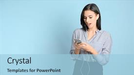  Presentation with listening woman - Theme featuring mobile phone listening to music background and a light blue colored foreground