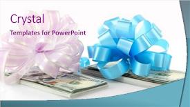  Presentation with monarch butterfly isolated on white - Amazing presentation theme having blue contribution - dollars and two big bows backdrop and a  colored foreground