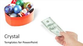  Presentation with hand cute dolls and toy - Colorful PPT theme enhanced with blue contribution - hand with dollar at white backdrop and a  colored foreground