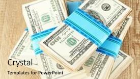  Presentation with money - Slide set enhanced with blue contribution - stacks of money on wooden background and a  colored foreground