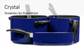  Presentation with blue metallic - Presentation theme having blue cooking pots and pans background and a  colored foreground