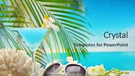  Presentation with cocktail - Colorful slide set enhanced with blue curacao cocktail sunglasses and seashells on beach table backdrop and a arctic colored foreground