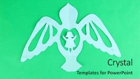  Presentation with bird out of cage - PPT theme enhanced with blue cut out paper bird background and a seafoam green colored foreground