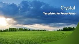  Presentation with dark blue green - Presentation design featuring blue dark green - colorful sunset over field background and a teal colored foreground