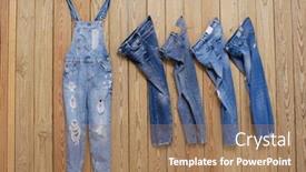  Presentation with jeans denim - Beautiful theme featuring blue denim romper with three blue jeans on wooden background backdrop and a coral colored foreground