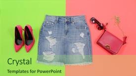  Presentation with of blue jeans denim - Slide set consisting of blue denim skirt bag sunglasses background and a  colored foreground