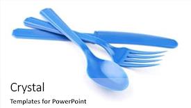  Presentation with cutlery - Colorful presentation theme enhanced with blue disposable plastic cutlery isolated backdrop and a white colored foreground