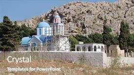  Presentation with structural - Audience pleasing slide set consisting of blue domed church in the cemetery at emborio on the greek island of halki the bell tower is supported by scaffolding due to structural damage backdrop and a coral colored foreground