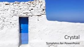  Presentation with greece blue - PPT theme featuring blue-door-in-whitewashed-wall background and a white colored foreground