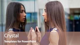  Presentation with close up of young girls - Theme having blue dress posing near mirror background and a coral colored foreground