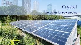  Presentation with sustainability solar energy panels - Beautiful PPT theme featuring blue earth free - solar panels with cityscape backdrop and a light blue colored foreground