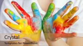  Presentation with colorful hands - PPT theme with blue education - little girl and boy hands background and a yellow colored foreground