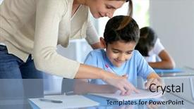  Presentation with helping - PPT theme featuring blue education - teacher helping young boy background and a light blue colored foreground