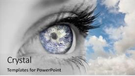  Presentation with human face - Beautiful PPT theme featuring blue eye on female face backdrop and a light gray colored foreground