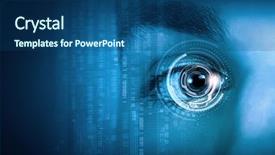  Presentation with scanning - Colorful presentation theme enhanced with blue eyes technology - close up of male digital backdrop and a ocean colored foreground