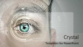  Presentation with recognition - Audience pleasing presentation design consisting of blue eyes technology - close up of male eye backdrop and a light gray colored foreground