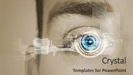  Presentation with recognition - PPT theme with blue eyes technology - close up of male eye background and a mint green colored foreground