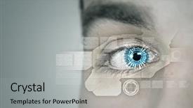  Presentation with recognition - PPT theme enhanced with blue eyes technology - close up of male eye background and a light gray colored foreground
