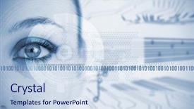  Presentation with blue circuit board - Beautiful PPT theme featuring blue eyes technology - woman looking at camera backdrop and a sky blue colored foreground