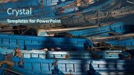  Presentation with fishing boats - PPT theme consisting of blue fishing boats in essaouira harbor morocco africa background and a ocean colored foreground