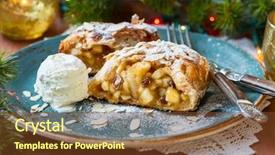  Presentation with christmas food - Colorful slides enhanced with blue food - apple strudel with icing sugar backdrop and a tawny brown colored foreground
