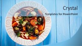  Presentation with blue food - Beautiful slide deck featuring blue food - mussels soup backdrop and a light blue colored foreground