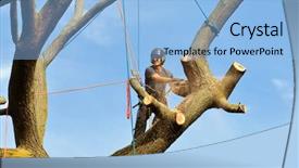  Presentation with chainsaw - Slide set having blue gears - arborist climbing and dismantling tree background and a light blue colored foreground