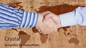  Presentation with hand shake - Cool new presentation theme with blue globe 2 - closeup of a business hand backdrop and a coral colored foreground