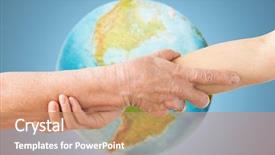  Presentation with charity - PPT theme with blue globe 2 - people age and charity concept background and a coral colored foreground