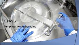  Presentation with industrial engineering - Audience pleasing PPT theme consisting of blue gloves opening industrial process backdrop and a light gray colored foreground