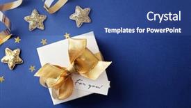  Presentation with gift - PPT theme having blue gold - christmas gift and christmas ornaments background and a ocean colored foreground