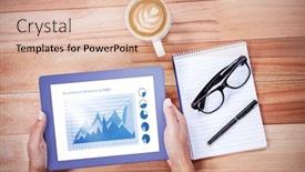  Presentation with feminine - Audience pleasing PPT theme consisting of blue graphics on white background against overhead of feminine hands using tablet backdrop and a lemonade colored foreground