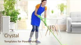  Presentation with cleaning - Presentation theme with blue green - woman cleaning floor with mop background and a sky blue colored foreground